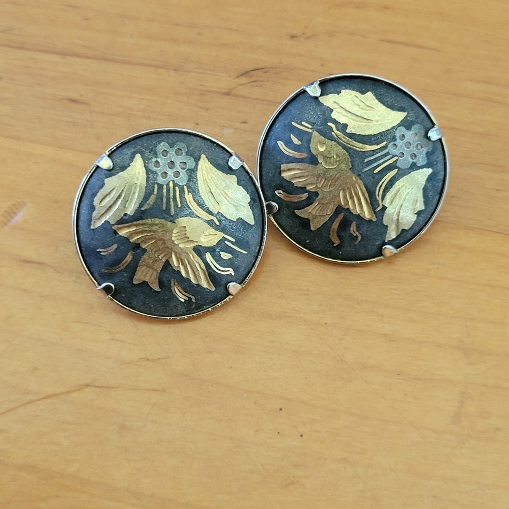 Vintage Toledo Spain Damascene Bird Leaf Black Gold Clip Earrings